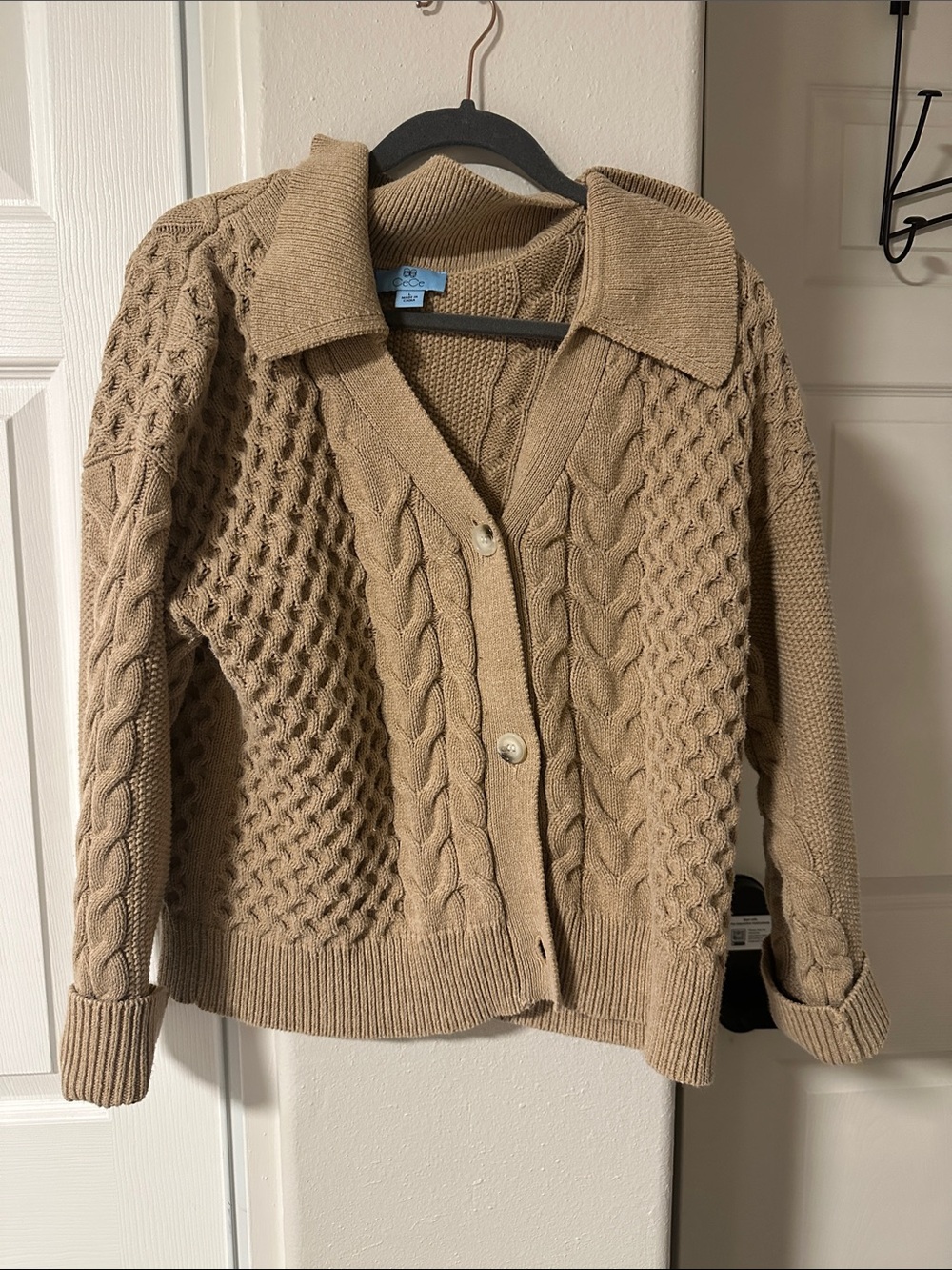 Cable Knit Collared Cardigan Sweater - Beige